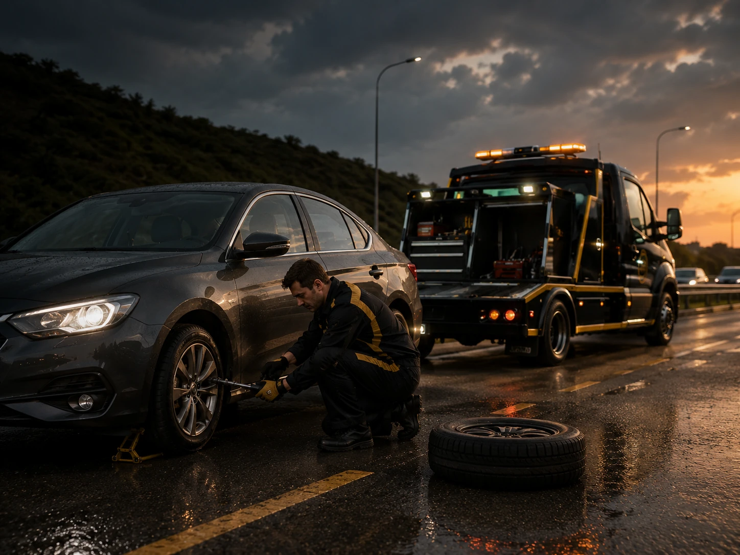Yol kenarında hasarlı araç lastiği için destek hazırlığı